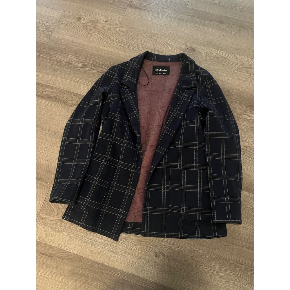 Stradivarius Womens Navy Blue Plaid Open Front Blazer Jacket Size S Windowpane